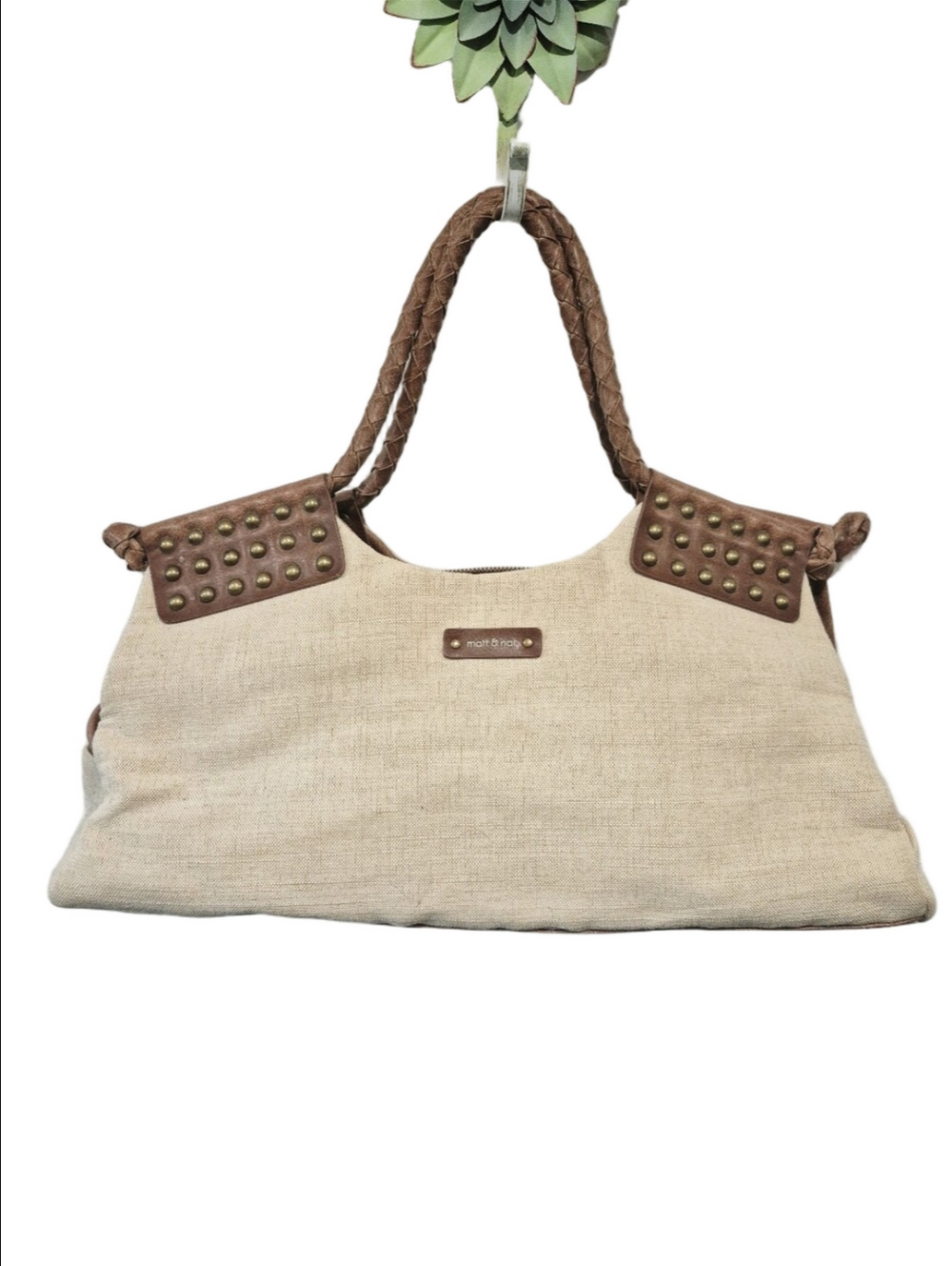 Matt & Nat Beige Canvas Tote with Brown Braided Handles